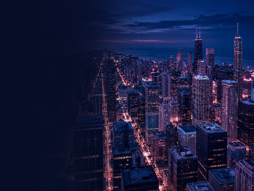 Aerial cityscape at dusk representing the built environment